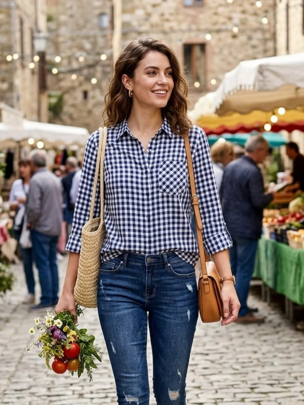 KUT from Kloth Feena M Women navy/white gingham roll tan button down shirt